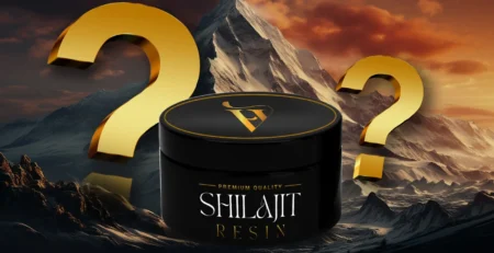 Home 63 Premium quality Shilajit resin jar with question marks and a Himalayan mountain backdrop, symbolizing curiosity about its benefits.